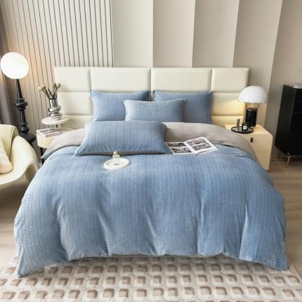 91家纺网 家纺一手货源 找家纺 印季 2024新款立体剪花牛奶绒保暖四件套-麦穗 蓝灰-灰