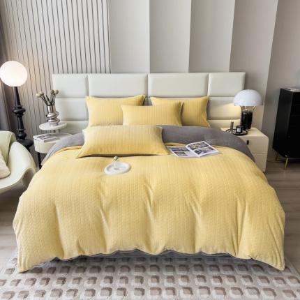 91家纺网 家纺一手货源 找家纺 印季 2024新款立体剪花牛奶绒保暖四件套-麦穗 亮黄-灰