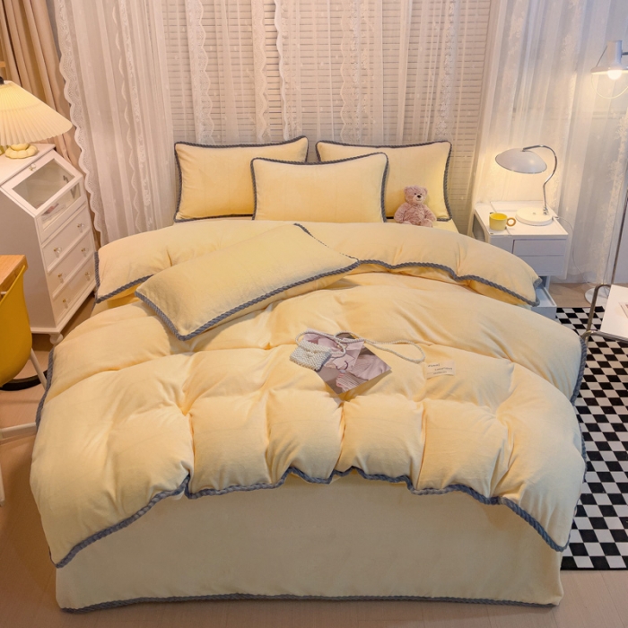 91家纺网 家纺一手货源 找家纺 欧冠 2023新款加厚牛奶绒纯色优雅四件套 优雅-柠檬黄