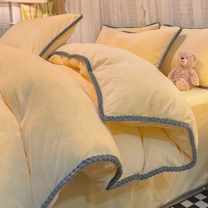 91家纺网 家纺一手货源 找家纺 欧冠 2023新款加厚牛奶绒纯色优雅四件套 优雅-柠檬黄