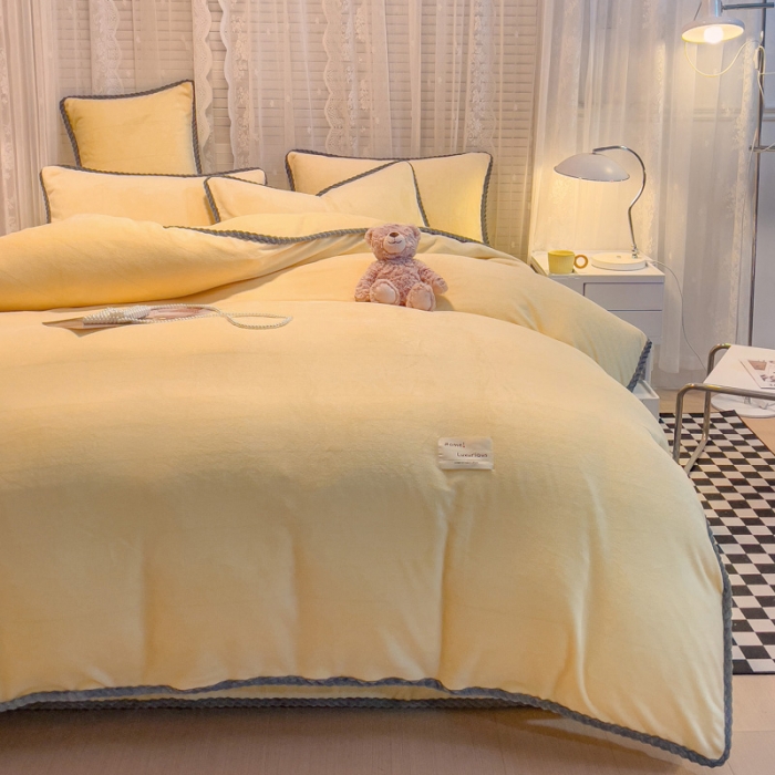 91家纺网 家纺一手货源 找家纺 欧冠 2023新款加厚牛奶绒纯色优雅四件套 优雅-柠檬黄