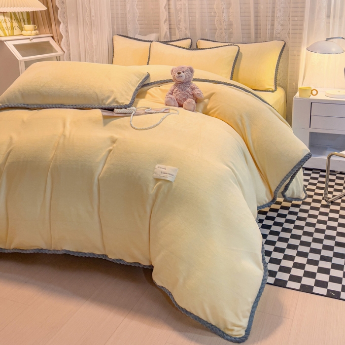 91家纺网 家纺一手货源 找家纺 欧冠 2023新款加厚牛奶绒纯色优雅四件套 优雅-柠檬黄