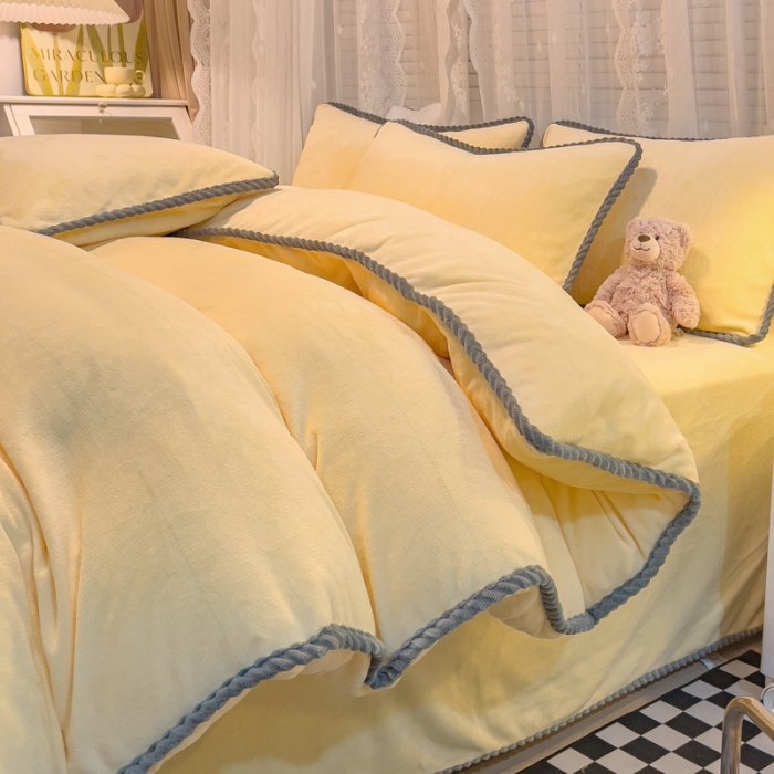 91家纺网 家纺一手货源 找家纺 欧冠 2023新款加厚牛奶绒纯色优雅四件套 优雅-柠檬黄