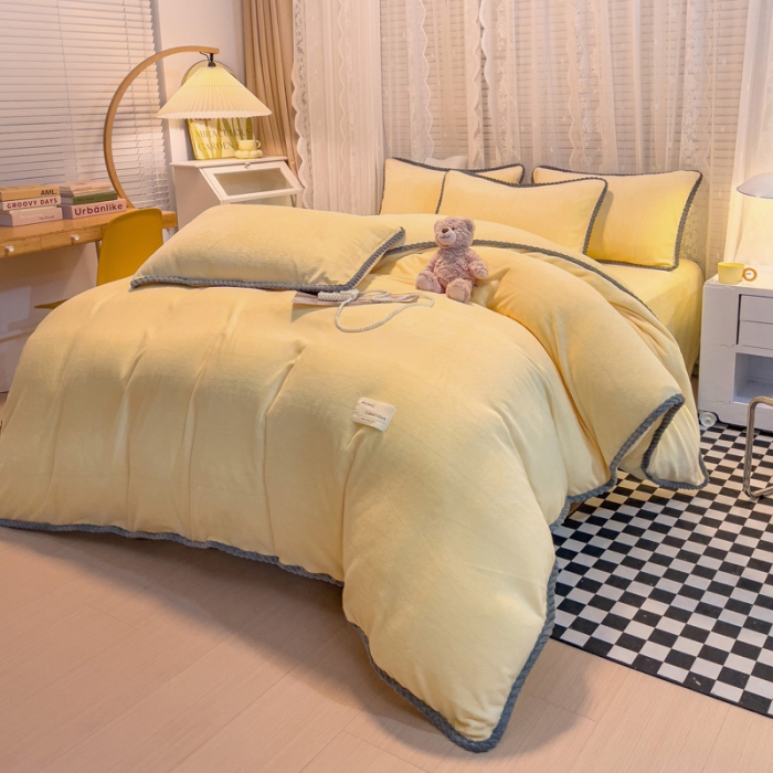 91家纺网 家纺一手货源 找家纺 欧冠 2023新款加厚牛奶绒纯色优雅四件套 优雅-柠檬黄