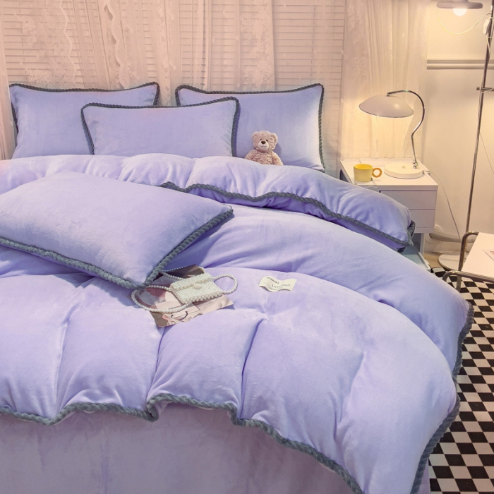 91家纺网 家纺一手货源 找家纺 欧冠 2023新款加厚牛奶绒纯色优雅四件套 优雅-浅紫