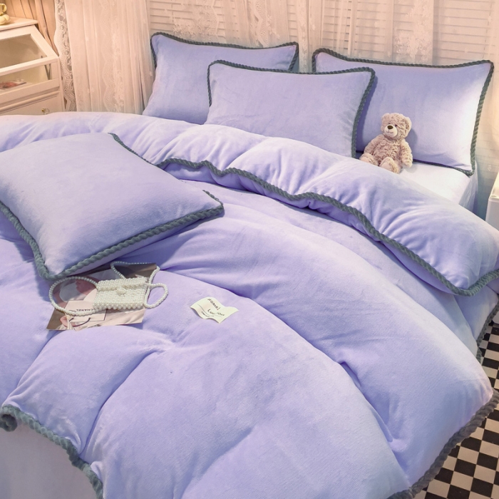 91家纺网 家纺一手货源 找家纺 欧冠 2023新款加厚牛奶绒纯色优雅四件套 优雅-浅紫