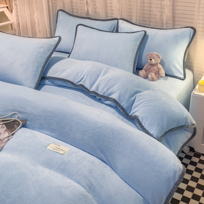 91家纺网 家纺一手货源 找家纺 欧冠 2023新款加厚牛奶绒纯色优雅四件套 优雅-天蓝