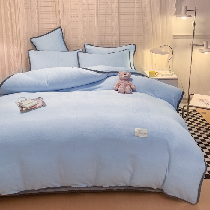 91家纺网 家纺一手货源 找家纺 欧冠 2023新款加厚牛奶绒纯色优雅四件套 优雅-天蓝