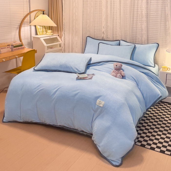 91家纺网 家纺一手货源 找家纺 欧冠 2023新款加厚牛奶绒纯色优雅四件套 优雅-天蓝