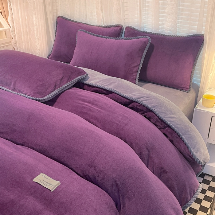 91家纺网 家纺一手货源 找家纺 欧冠 2023新款加厚牛奶绒纯色优雅四件套 优雅-紫灰