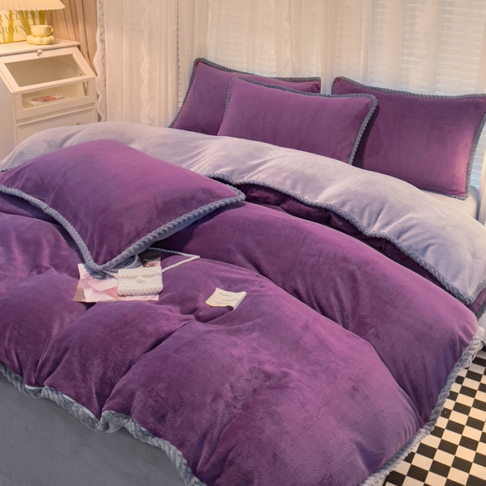 91家纺网 家纺一手货源 找家纺 欧冠 2023新款加厚牛奶绒纯色优雅四件套 优雅-紫灰