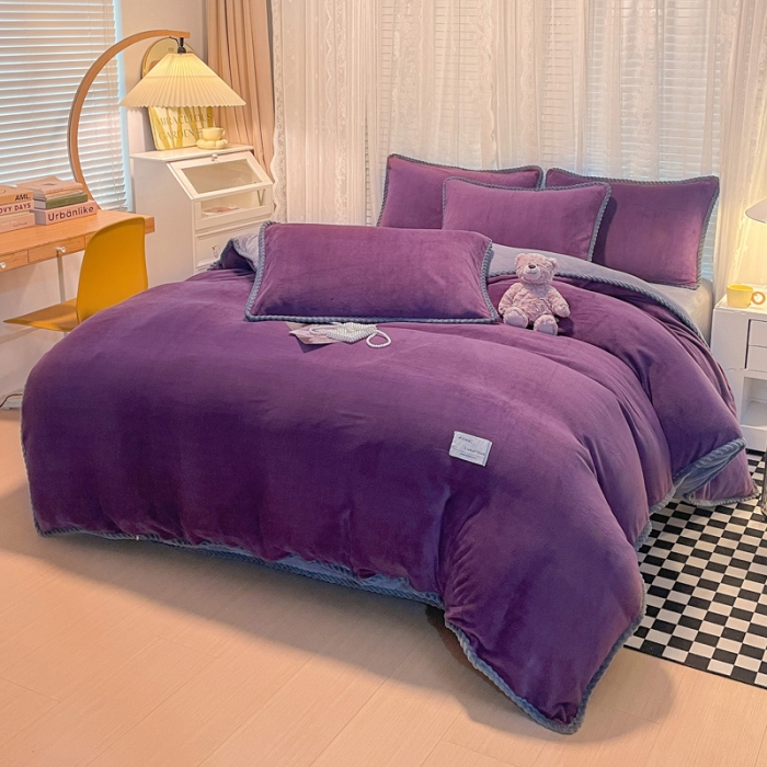 91家纺网 家纺一手货源 找家纺 欧冠 2023新款加厚牛奶绒纯色优雅四件套 优雅-紫灰