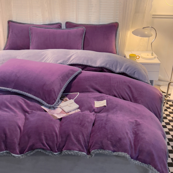 91家纺网 家纺一手货源 找家纺 欧冠 2023新款加厚牛奶绒纯色优雅四件套 优雅-紫灰