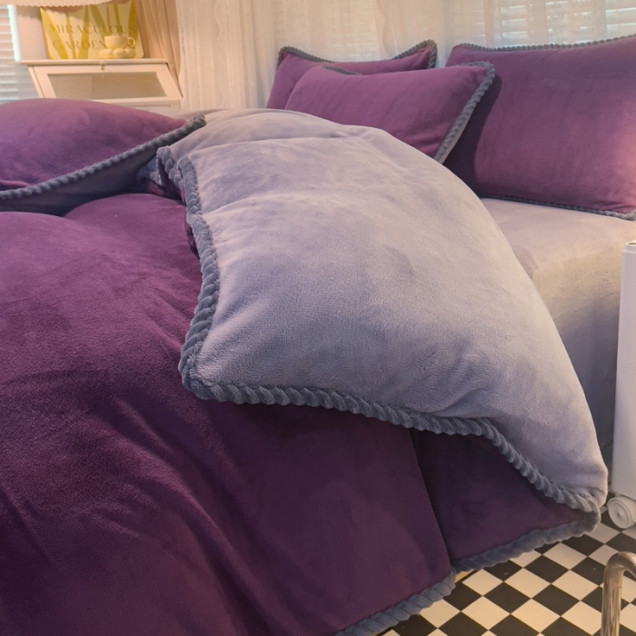 91家纺网 家纺一手货源 找家纺 欧冠 2023新款加厚牛奶绒纯色优雅四件套 优雅-紫灰