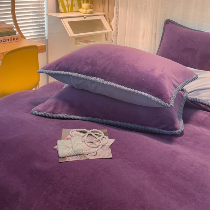 91家纺网 家纺一手货源 找家纺 欧冠 2023新款加厚牛奶绒纯色优雅四件套 优雅-紫灰