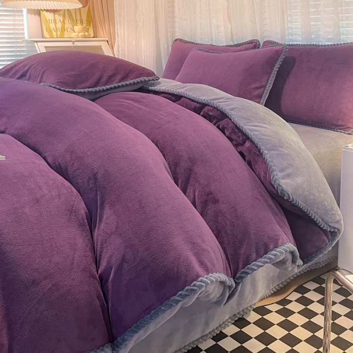 91家纺网 家纺一手货源 找家纺 欧冠 2023新款加厚牛奶绒纯色优雅四件套 优雅-紫灰
