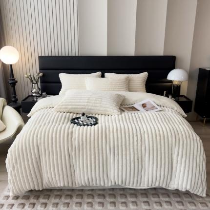 91家纺网 家纺一手货源 找家纺 （总）印季 2024新款立体剪花条纹兔毛绒四件套