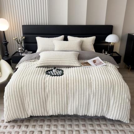 91家纺网 家纺一手货源 找家纺 印季 2024新款立体剪花条纹兔毛绒四件套 奶白-灰