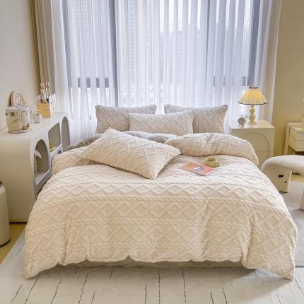 91家纺网 家纺一手货源 找家纺 欧冠  2023秋冬加厚塔芙绒简约款牛奶绒四件套 奶白灰