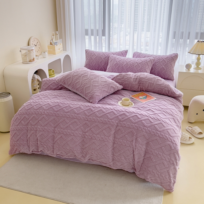 91家纺网 家纺一手货源 找家纺 欧冠  2023秋冬加厚塔芙绒简约款牛奶绒四件套 紫色