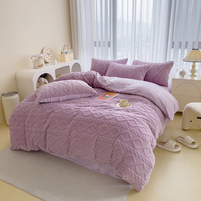 91家纺网 家纺一手货源 找家纺 欧冠  2023秋冬加厚塔芙绒简约款牛奶绒四件套 紫色