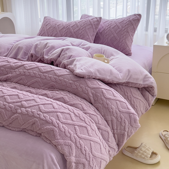 91家纺网 家纺一手货源 找家纺 欧冠  2023秋冬加厚塔芙绒简约款牛奶绒四件套 紫色