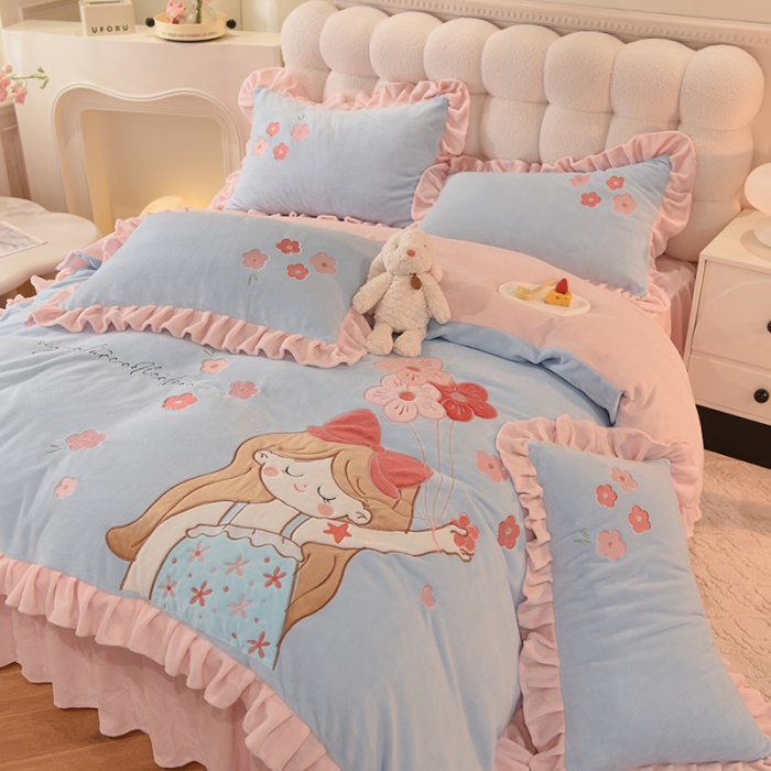 91家纺网 家纺一手货源 找家纺 （总）欧冠 2023新款高档贴布绣甜心公主牛奶绒四件套