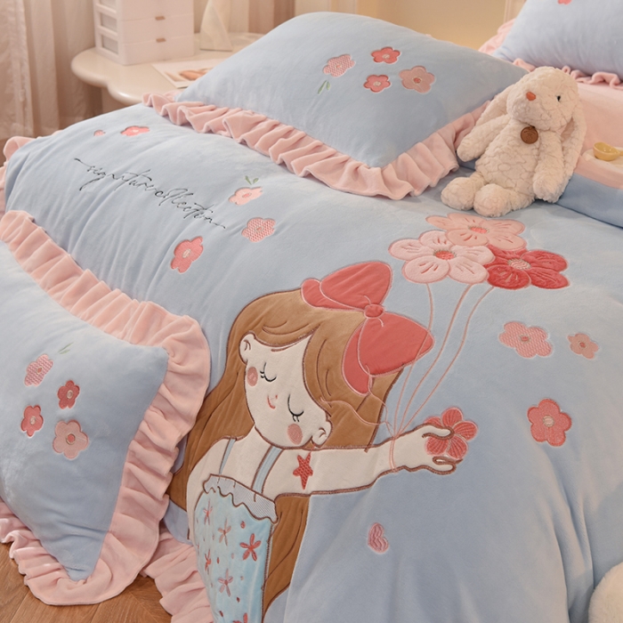 91家纺网 家纺一手货源 找家纺 （总）欧冠 2023新款高档贴布绣甜心公主牛奶绒四件套