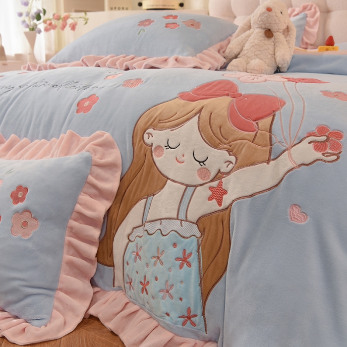 91家纺网 家纺一手货源 找家纺 （总）欧冠 2023新款高档贴布绣甜心公主牛奶绒四件套