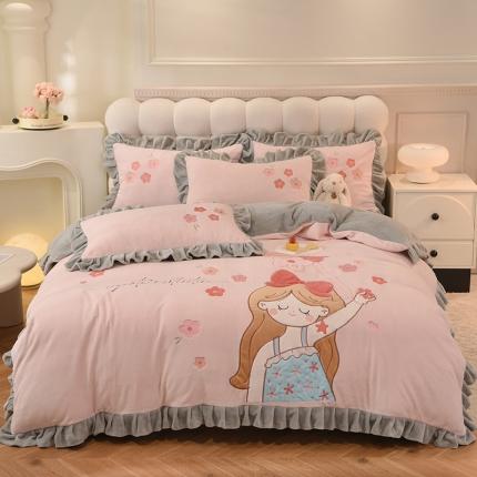 欧冠 2023新款高档贴布绣甜心公主牛奶绒四件套 甜心公主-粉灰
