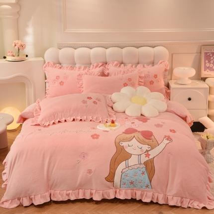 欧冠 2023新款高档贴布绣甜心公主牛奶绒四件套 甜心公主-粉玉