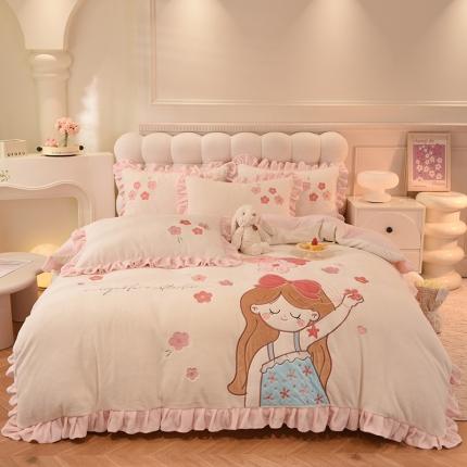 欧冠 2023新款高档贴布绣甜心公主牛奶绒四件套 甜心公主-粉白