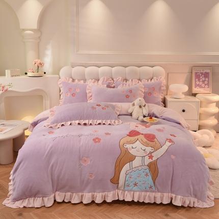 欧冠 2023新款高档贴布绣甜心公主牛奶绒四件套 甜心公主-粉紫