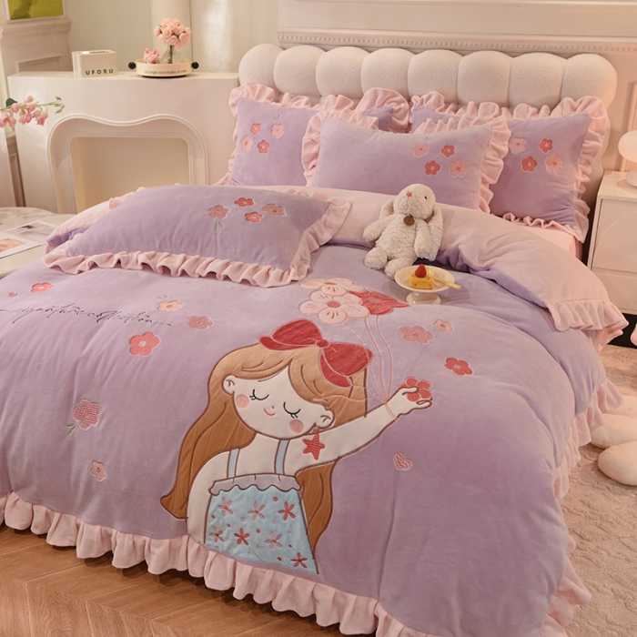 91家纺网 家纺一手货源 找家纺 欧冠 2023新款高档贴布绣甜心公主牛奶绒四件套 甜心公主-粉紫