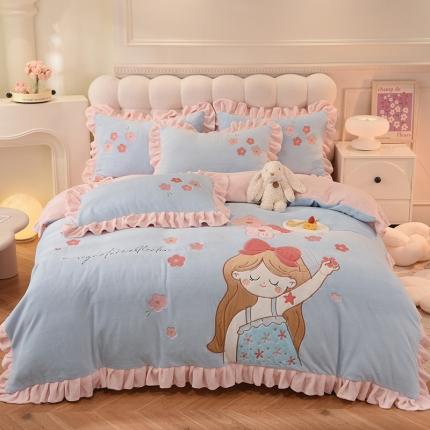 欧冠 2023新款高档贴布绣甜心公主牛奶绒四件套 甜心公主-蓝粉