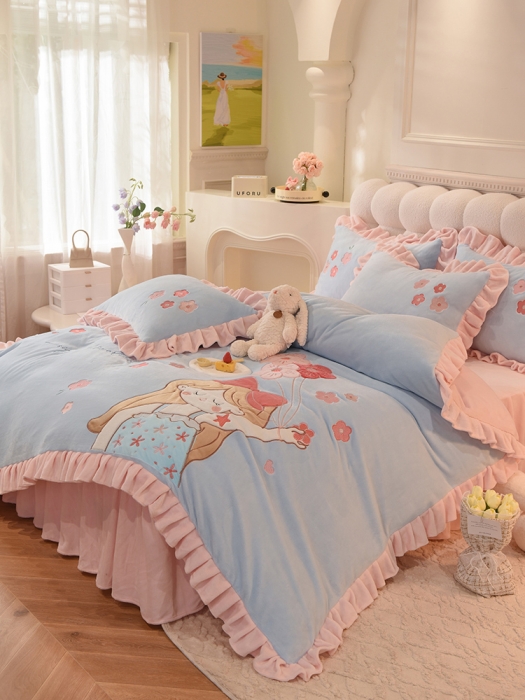 91家纺网 家纺一手货源 找家纺 欧冠 2023新款高档贴布绣甜心公主牛奶绒四件套 甜心公主-蓝粉