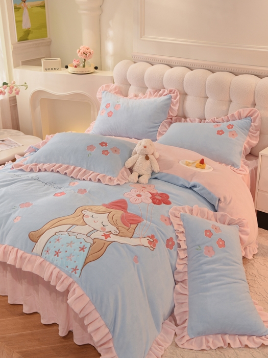 91家纺网 家纺一手货源 找家纺 欧冠 2023新款高档贴布绣甜心公主牛奶绒四件套 甜心公主-蓝粉