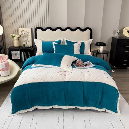 91家纺网 家纺一手货源 找家纺 欧冠 2023秋冬高端刺绣菲曼牛奶绒四件套 菲曼-孔雀蓝