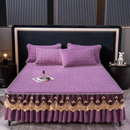 布柔 2023新款加厚夹棉牛奶绒蕾丝床裙三件套 黛莎紫