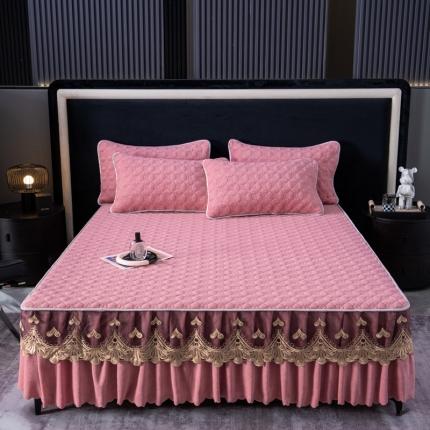 布柔 2023新款加厚夹棉牛奶绒蕾丝床裙三件套 豆沙色