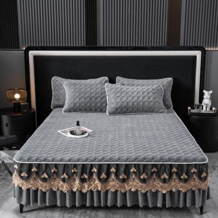 布柔 2023新款加厚夹棉牛奶绒蕾丝床裙三件套 高级灰