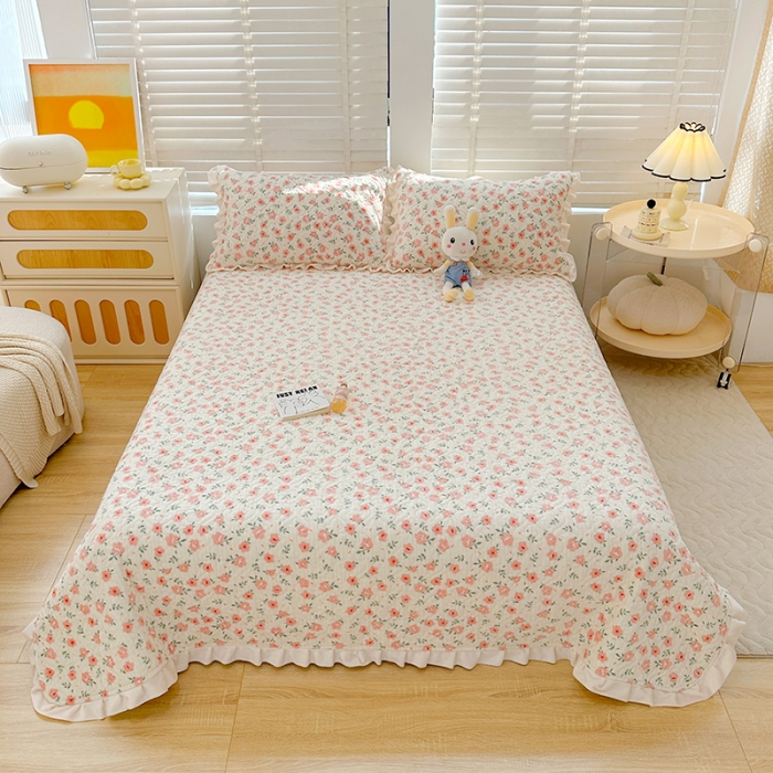 91家纺网 家纺一手货源 找家纺 岚吉 2023新款印花牛奶绒床盖三件套 粉色小碎花