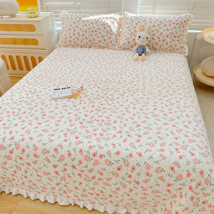 91家纺网 家纺一手货源 找家纺 岚吉 2023新款印花牛奶绒床盖三件套 粉色小碎花