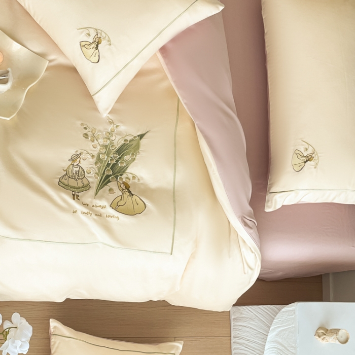 91家纺网 家纺一手货源 找家纺 秀色 100支全棉高支长绒棉四件套北欧ins风轻奢被套纯棉床上用品 铃兰花女孩-奶昔白茱萸粉