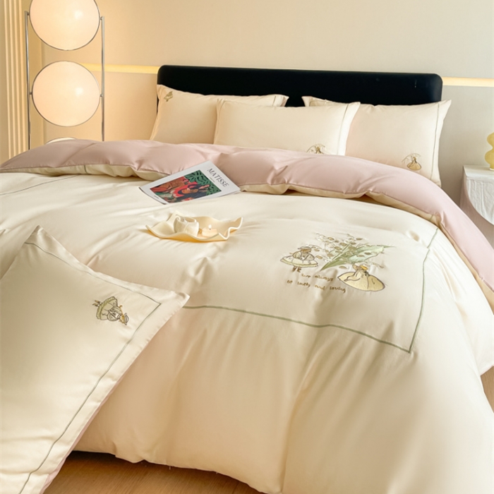 91家纺网 家纺一手货源 找家纺 秀色 100支全棉高支长绒棉四件套北欧ins风轻奢被套纯棉床上用品 铃兰花女孩-奶昔白茱萸粉