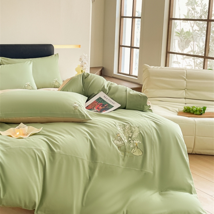 91家纺网 家纺一手货源 找家纺 秀色 100支全棉高支长绒棉四件套北欧ins风轻奢被套纯棉床上用品 铃兰花女孩-山栀茶香槟金