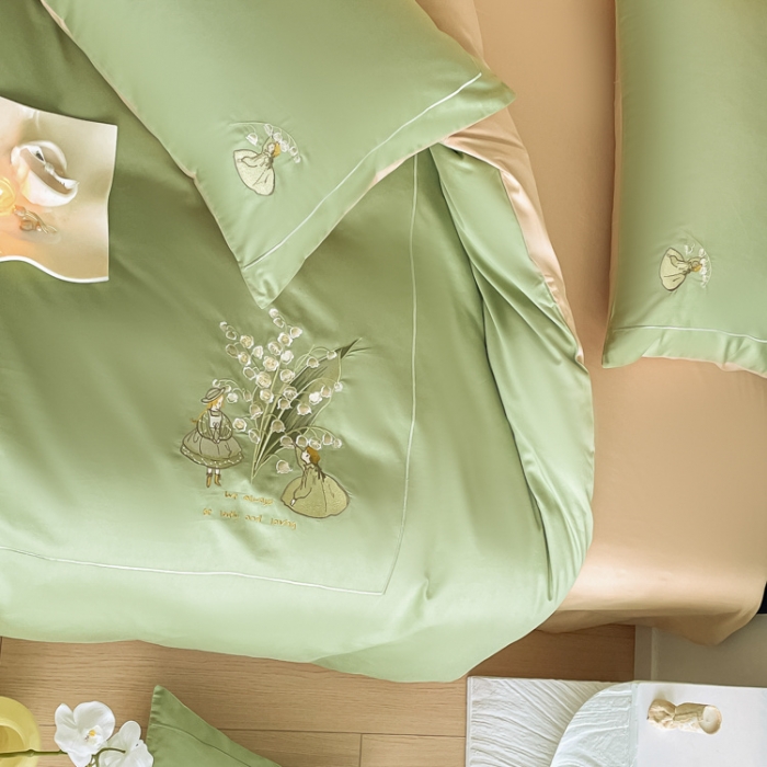 91家纺网 家纺一手货源 找家纺 秀色 100支全棉高支长绒棉四件套北欧ins风轻奢被套纯棉床上用品 铃兰花女孩-山栀茶香槟金