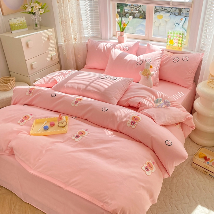 91家纺网 家纺一手货源 找家纺 欧冠 2023新款秋冬保暖专版水洗棉麻毛巾绣四件套 奶茶宝宝