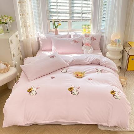 欧冠 2023新款秋冬保暖专版水洗棉麻毛巾绣四件套 兔宝贝-粉