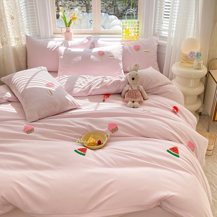 91家纺网 家纺一手货源 找家纺 欧冠 2023新款秋冬保暖专版水洗棉麻毛巾绣四件套 西瓜